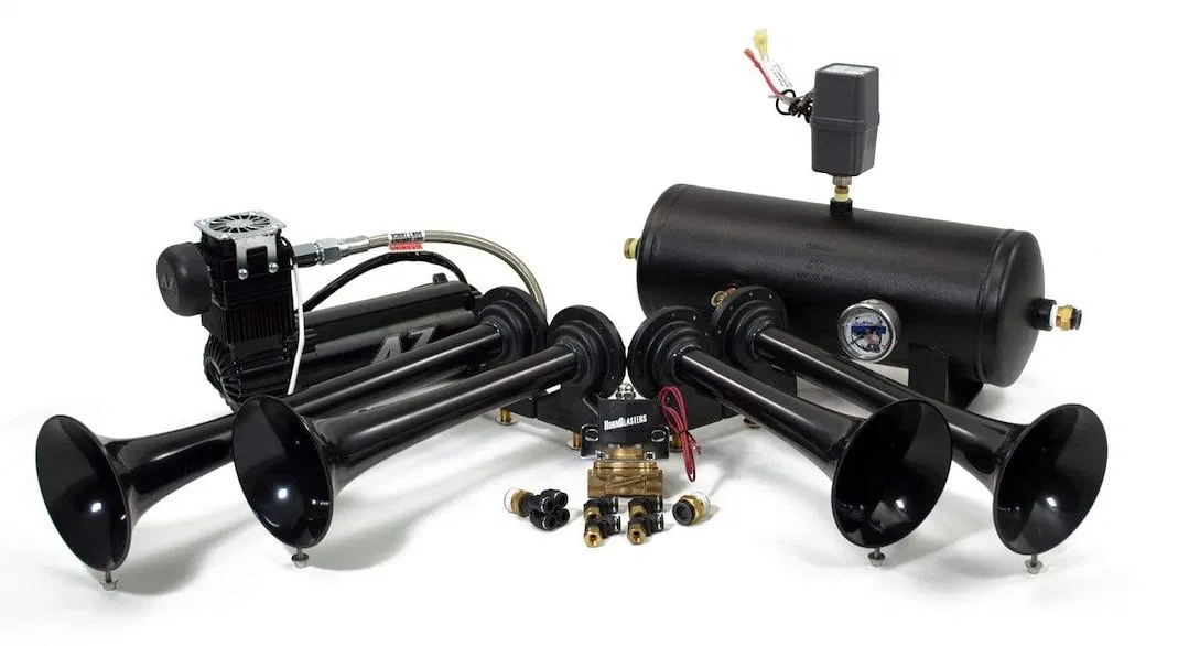 HK-S4-5OB2 – HORNBLASTER Air Horn, Single Tone 4 Round Trumpet Longest Trumpet 19.5 Inch Length Black Steel Includes ...